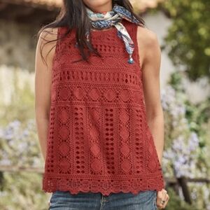 Sunday in Brooklyn crochet sleeveless blouse 16 Rust Red Anthropologie Sundance